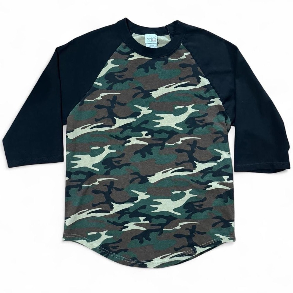 Vintage 90s Camouflage Raglan Three Quarter Sleeve Raglan Med 18x26 Shirt